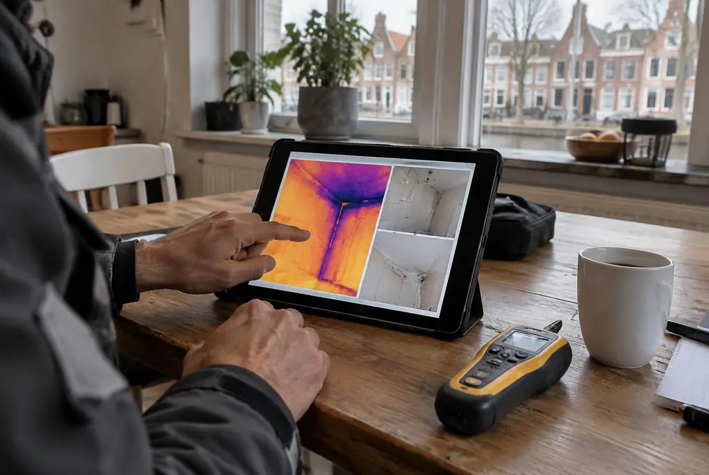 Lekdetectie Dieren – lekdetectierapport met warmtebeelden en foto's op een tablet