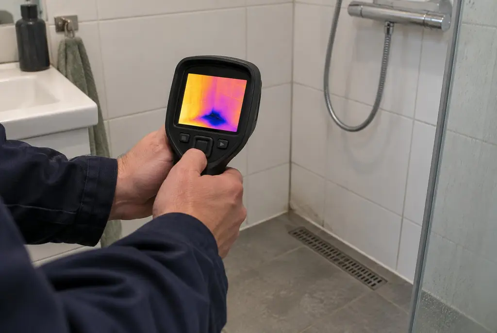 Lekdetectie Dieren – lekdetectiespecialist met warmtebeeldcamera in een badkamer