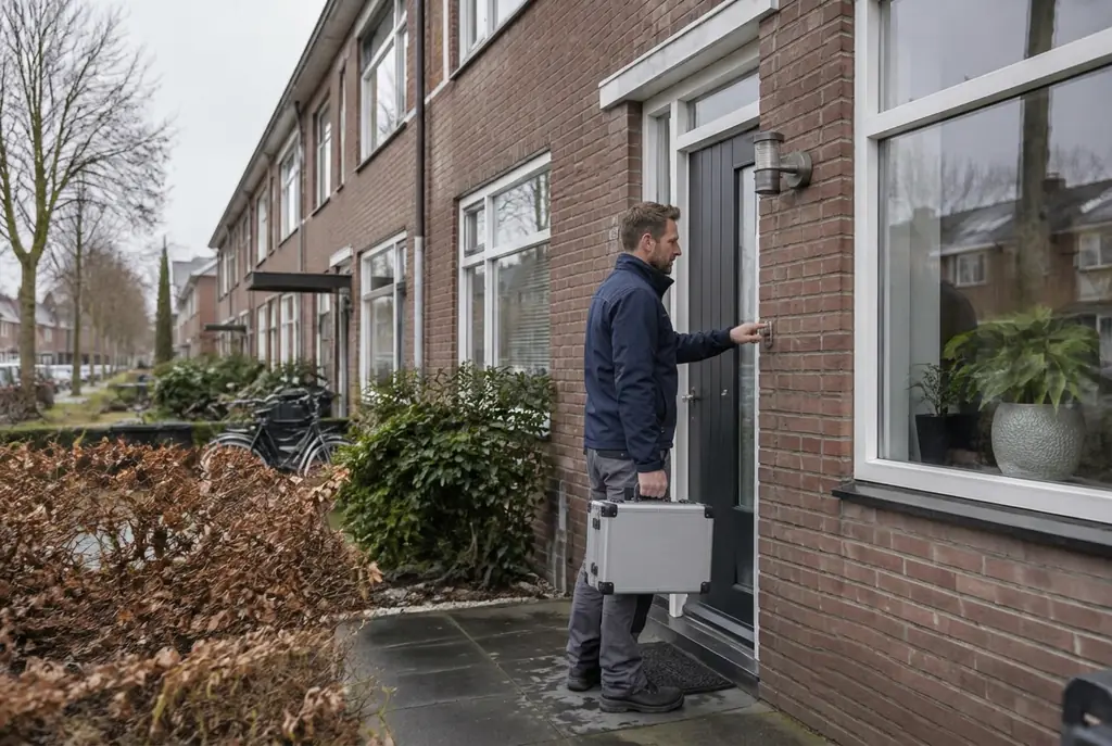 Lekdetectiespecialist met meetkoffer bij de voordeur van een woning in Dieren