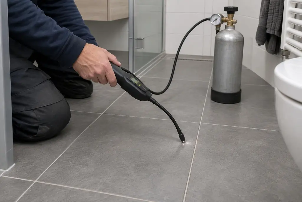 Lekdetectie Dieren – technicus spoort met tracergas een lekkage op in de vloer